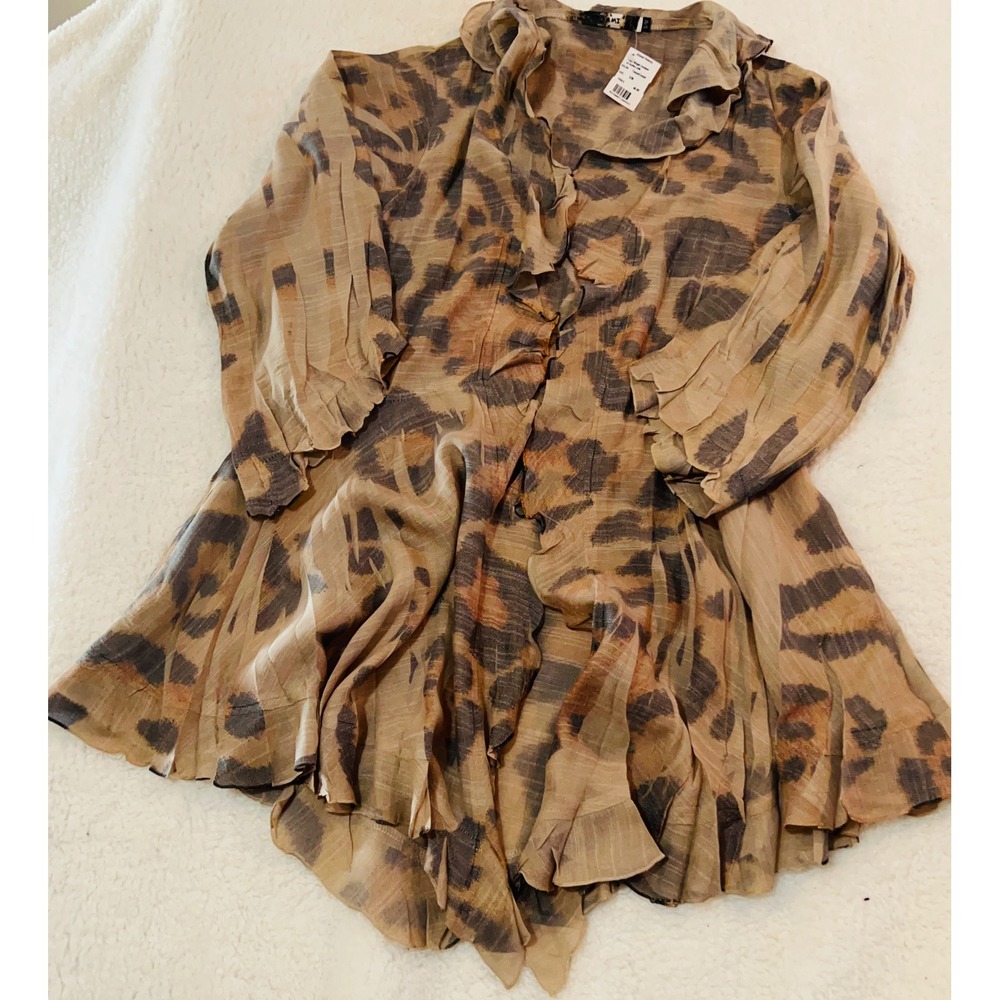 NWT Origami Almost Heaven Leopard Print Ruffle Cardigan Taupe Brown S/M